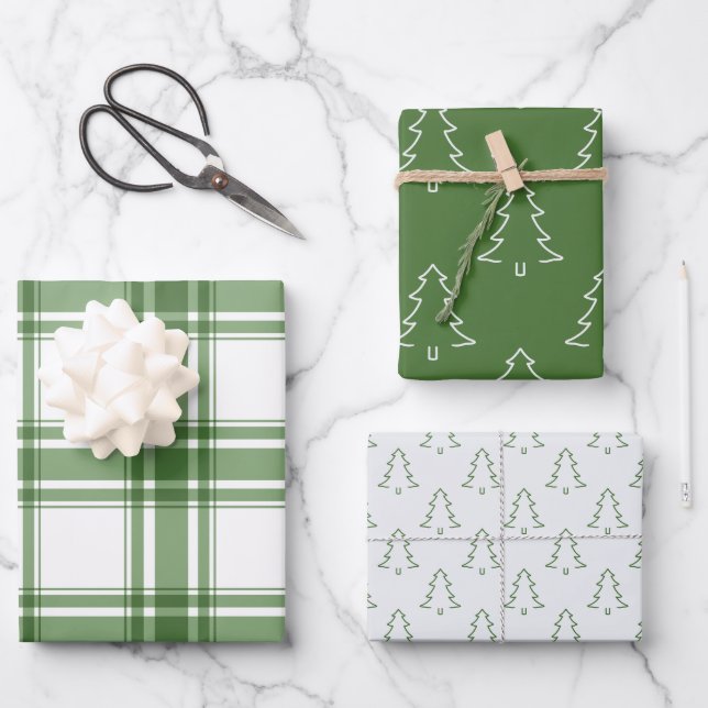 Classic Christmas Trees & Plaid Green Wrap Wrapping Paper Sheets (Front)