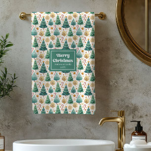 Classic Christmas trees red green family bathroom Bath Towel Set