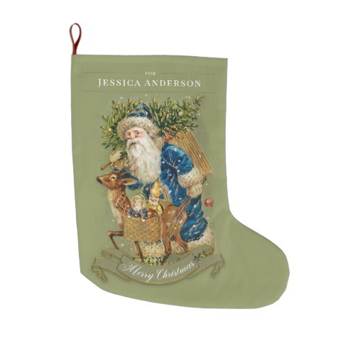 Classic Christmas Vintage Santa Claus Green Custom Large Christmas Stocking