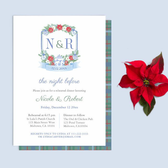 Classic Christmas Wedding Rehearsal Dinner Invitation (Wedding welcome or rehearsal dinner invitation for a Christmas Holidays wedding.)