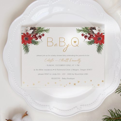 Classic Christmas White Baby_Q BBQ Baby Shower Invitation