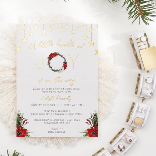 Classic Christmas White Bundle Of Joy Baby Shower Foil Invitation