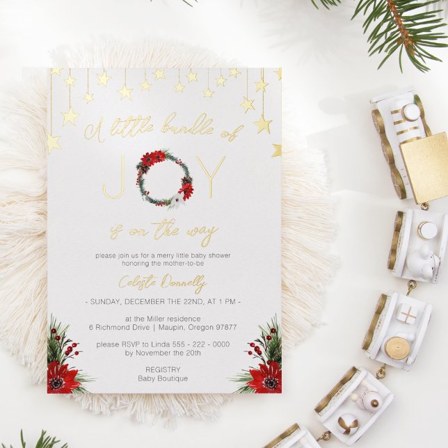 Classic Christmas White Bundle Of Joy Baby Shower Foil Invitation (Creator Uploaded)