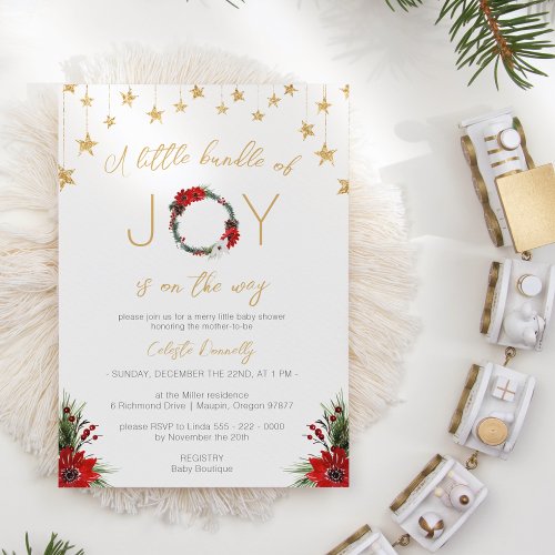 Classic Christmas White Bundle Of Joy Baby Shower Invitation