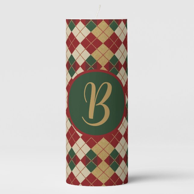 Classic, Christmas/winter argyle patterned Pillar Candle (Front)