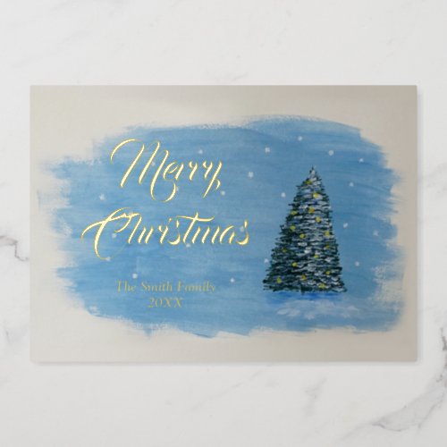 Classic Christmas Winter Tree Painting Foil Holiday Card