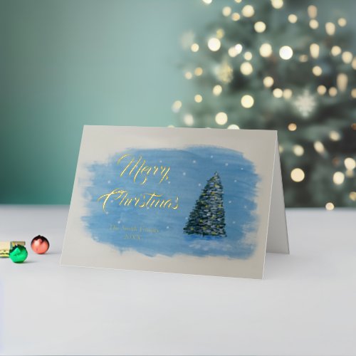Classic Christmas Winter Tree Painting Foil Holiday Card