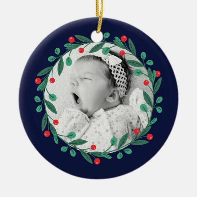 Classic Christmas Wreath Babys 1st Christmas Ceramic Ornament (Front)