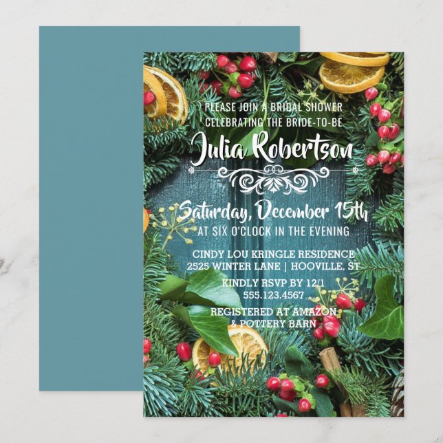 Classic Christmas Wreath Bridal Shower Invitation (Front/Back)