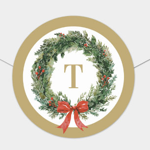 Classic Christmas Wreath Gold Monogram Initial Round Sticker