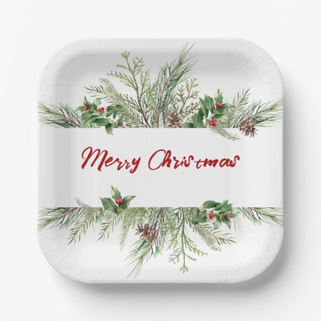 Classic Christmas Wreath Holiday Family Party Paper Plates (Front)