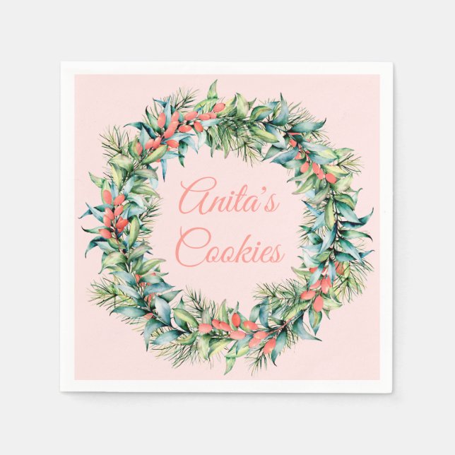 Classic Christmas Wreath Pink Holiday Napkins (Front)