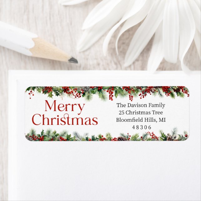 Classic Christmas wreath red holly berries Label (Insitu)