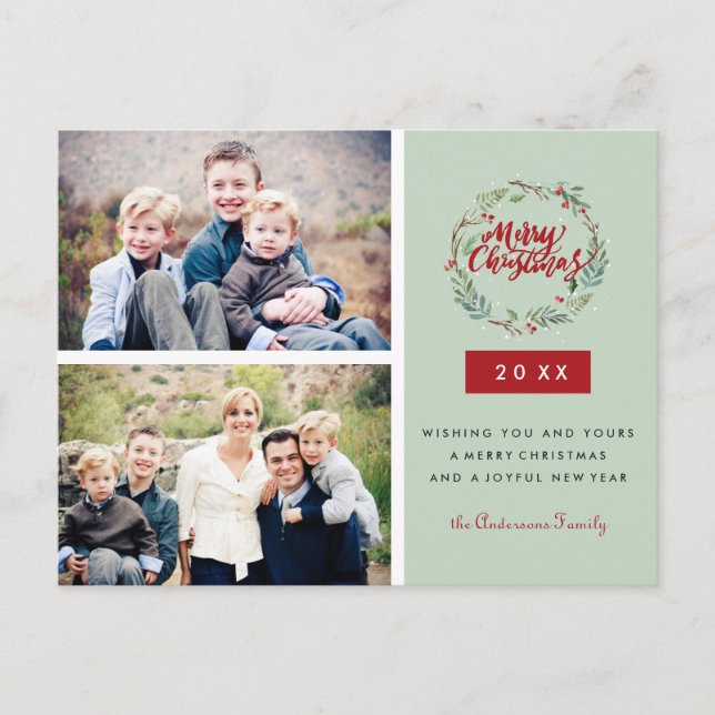 Classic Christmas Wreath Two Photos Personalized Postcard (Front)