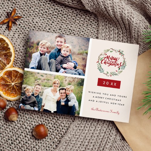 Classic Christmas Wreath Two Photos Personalized Postcard