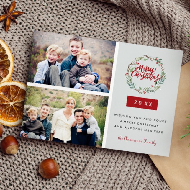 Classic Christmas Wreath Two Photos Personalized Postcard (Christmas Postcard with 2 landscape photo, custom message on the front, red and neautral colors,)