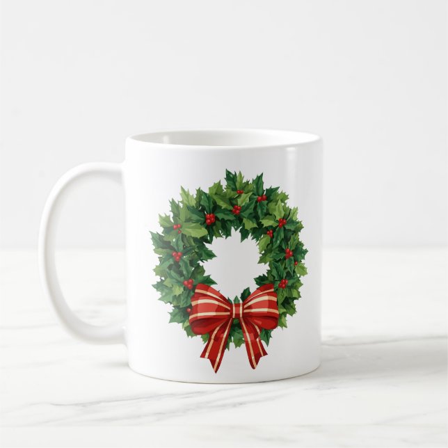 Classic Christmas Wreath with Red Bow Coffee Mug (Left)