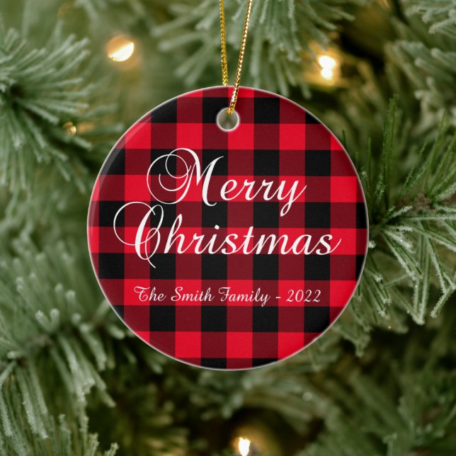 Classic Christmassy Red Buffalo Plaid Family Photo Ceramic Ornament (Tree)