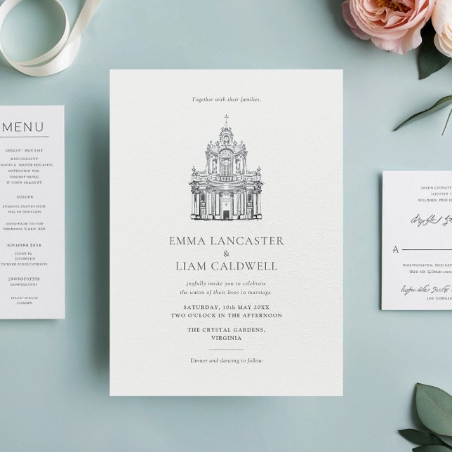 Classic Church Venue Sketch Minimalist Wedding Invitation (Creator Uploaded)