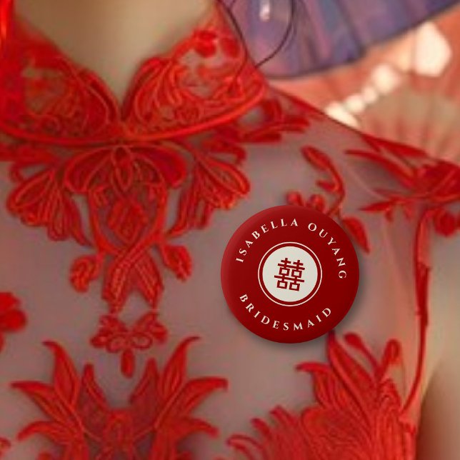 Classic Circle Double Xi Chinese Wedding Party Pinback Button (BRIDESMAID Classic Circle Double Happiness Chinese Wedding Party Pinback Button @ fatfatin_red_knot)