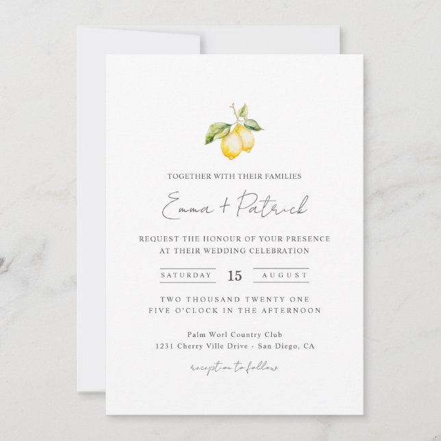 Classic Citrus Lemon Summer Wedding Invitation (Front)