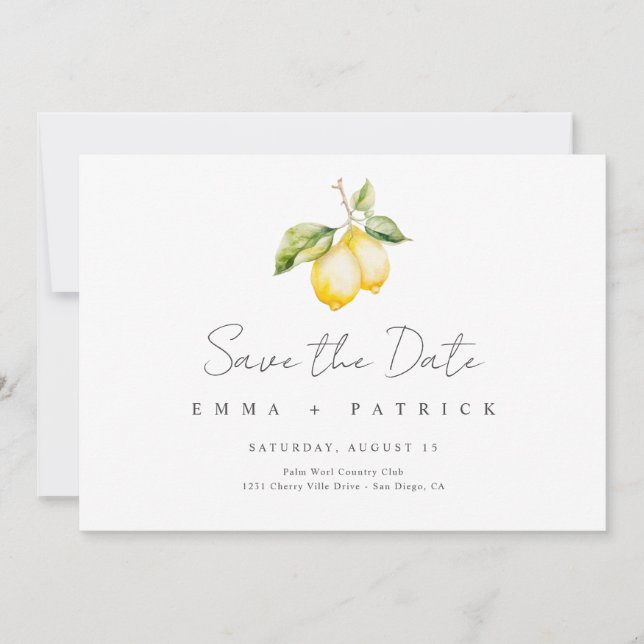Classic Citrus Lemon Summer Wedding Save the Date (Front)
