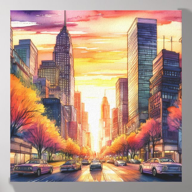 Classic City Sunset - Vibrant Urban Art Canvas Photo Tile (Front Set)