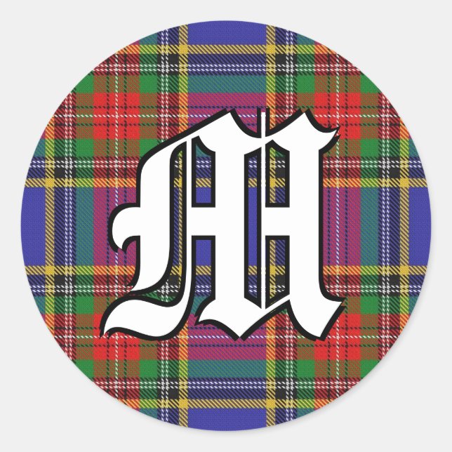 Classic Clan MacBeth Tartan Monogram Round Sticker (Front)