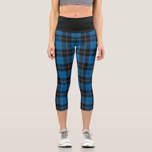 Classic Clan Ramsay Blue and Black Tartan Plaid Capri Leggings