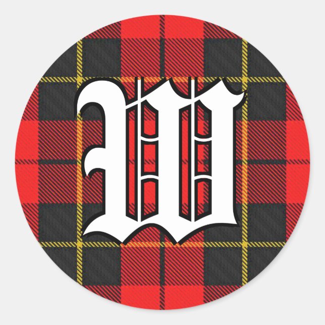 Classic Clan Wallace Red and Black Tartan Monogram Round Sticker (Front)