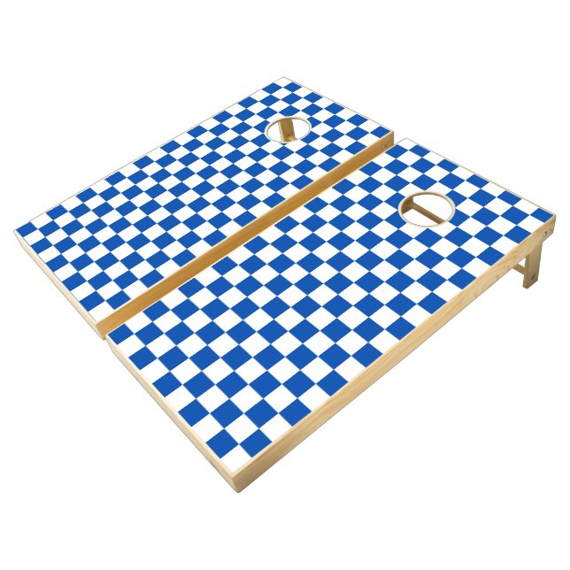 Classic cobalt blue checkerboard cornhole set (Angled)