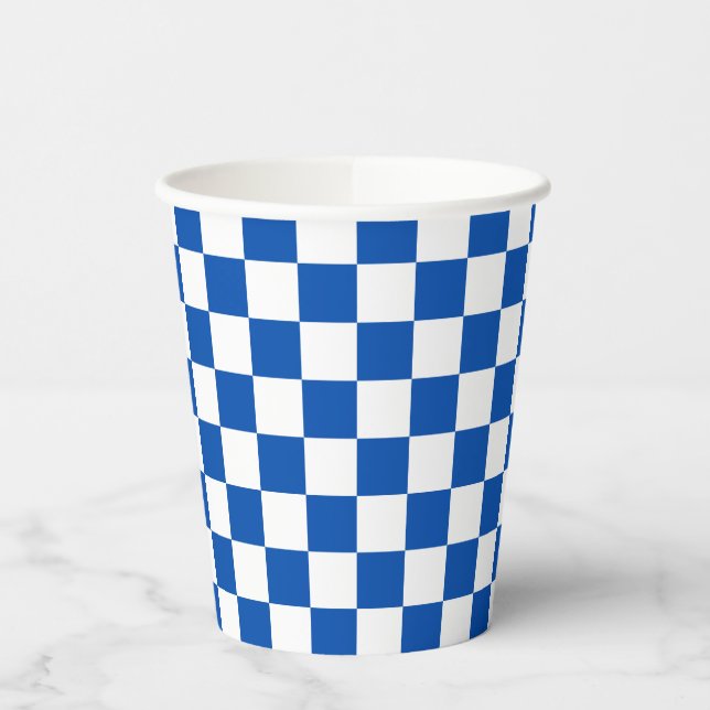 Classic cobalt blue checkerboard paper cups (Left)