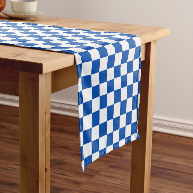 Classic cobalt blue checkerboard short table runner (In Situ)