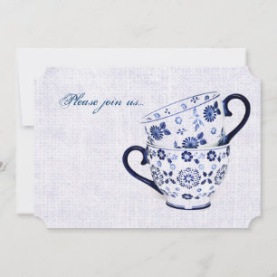 Classic cobalt blue pattern tea cups invitation