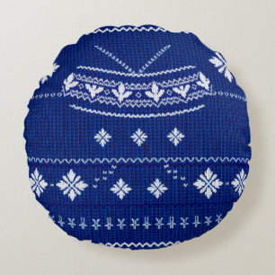 Classic Cobalt Blue & White Nordic Snowflake Knitt Round Pillow