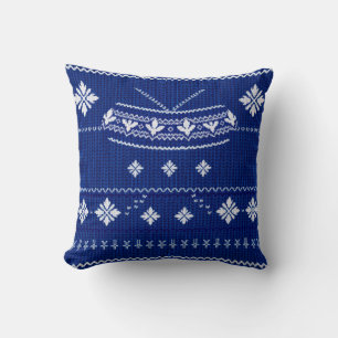 Classic Cobalt Blue & White Nordic Snowflake Knitt Throw Pillow