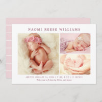 Classic Collage Rosy Pink Baby Girl Photo Birth Announcement