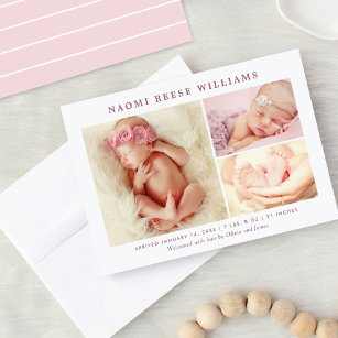 Classic Collage Rosy Pink Baby Girl Photo Birth Announcement