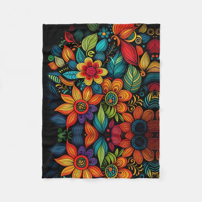 CLASSIC COLORFUL DOODLE FLOWERS ART DESIGN    FLEECE BLANKET (Front)