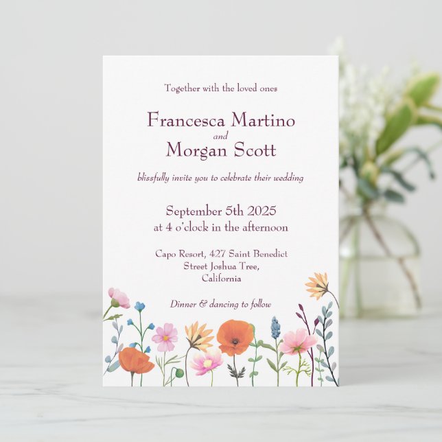 Classic colorful floral greenery wedding invitation (Standing Front)