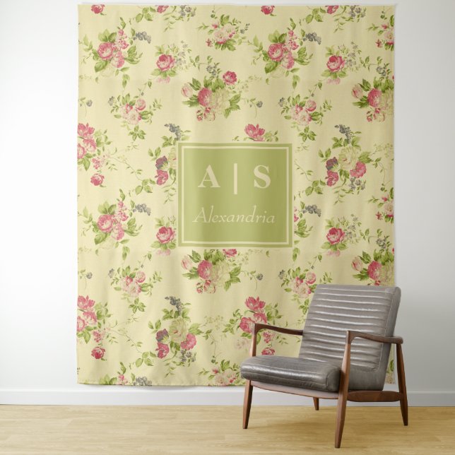 Classic Colorful Roses | Floral Monogram Tapestry (In Situ)