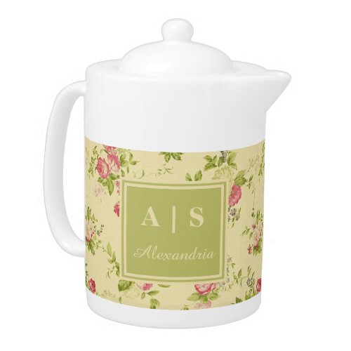 Classic Colorful Roses  Floral Monogram Teapot