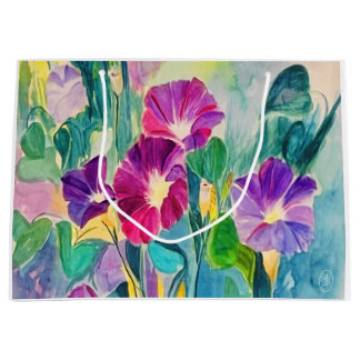 Classic Colorful Watercolor Floral Morning Glories Large Gift Bag