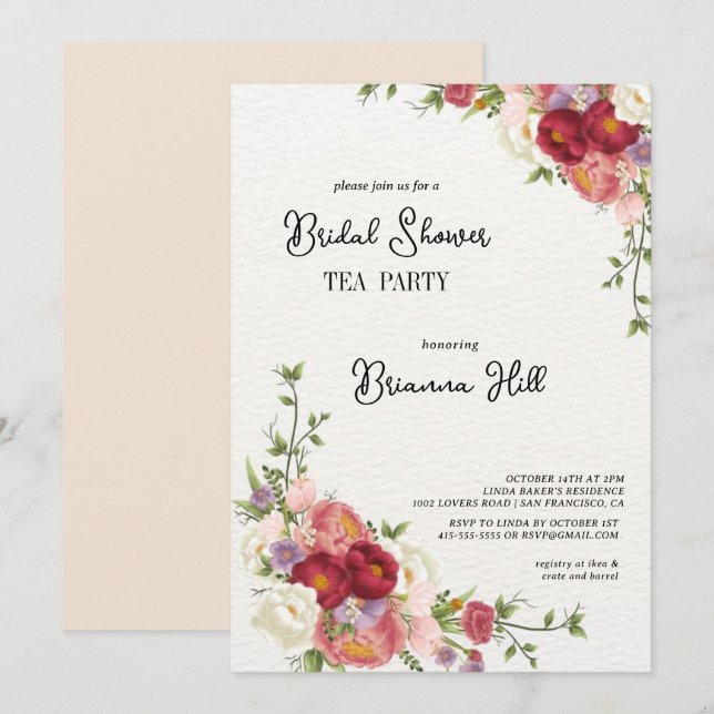 Classic Colorful Wild Bridal Shower Tea Party  Invitation (Front/Back)