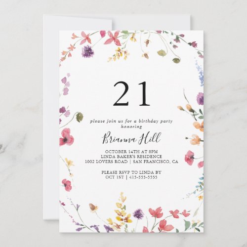 Classic Colorful Wild Floral 21st Birthday Party  Invitation