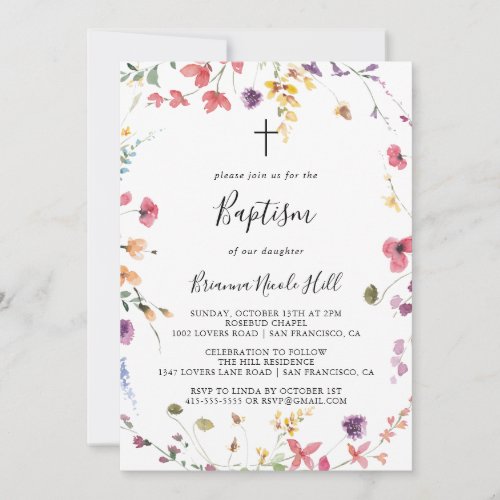 Classic Colorful Wild Floral Baptism  Invitation