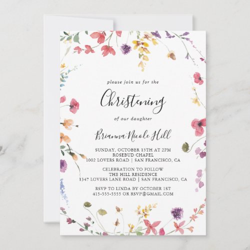 Classic Colorful Wild Floral Christening  Invitation