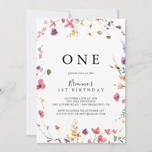 Classic Colorful Wild Floral First Birthday Party  Invitation