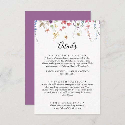 Classic Colorful Wild Floral Wedding Details  Enclosure Card