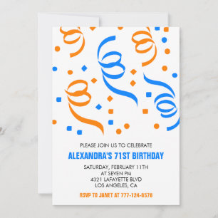 Classic Confetti Blue Orange 71st birthday Invitation